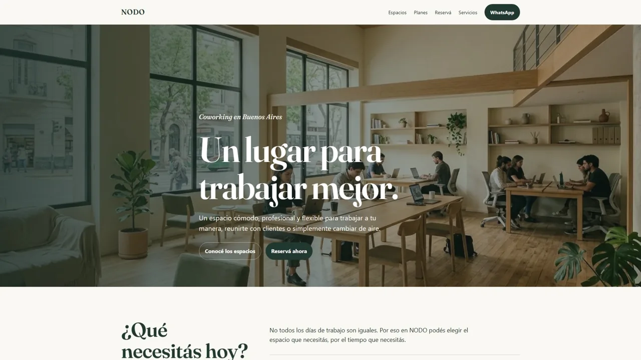 Sitio de NODO, coworking en Buenos Aires con reserva de espacios por WhatsApp