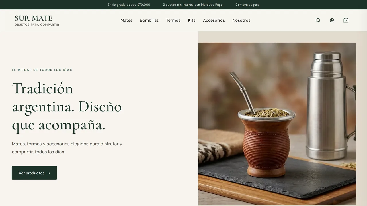 Sitio de SUR MATE, e-commerce de mates y accesorios con carrito y checkout